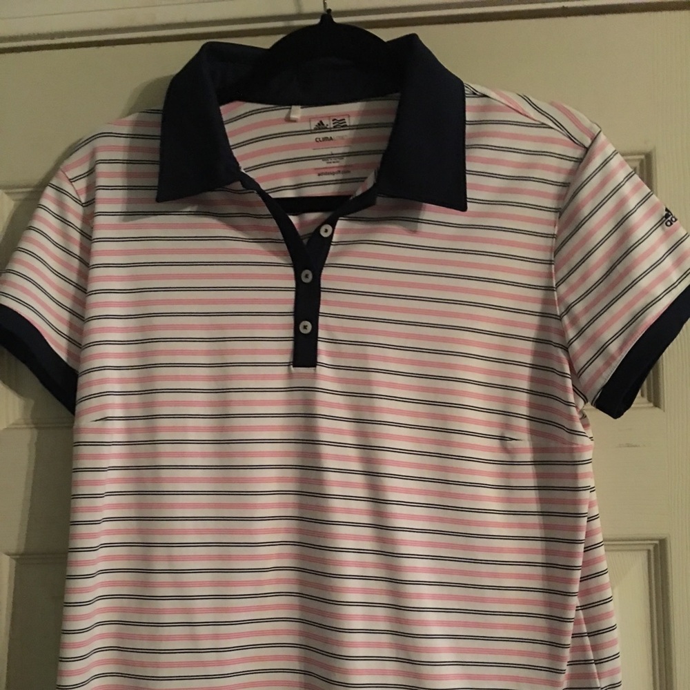 Pink, white and navy blue striped Adidas golf polo